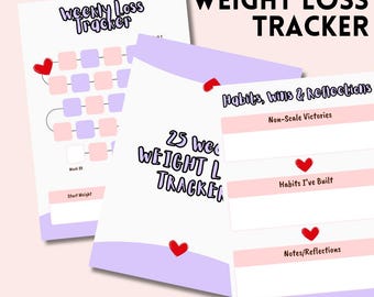May include: A stack of weight loss trackers with the text "WEIGHT LOSS TRACKER" in large black letters. The trackers have pink and purple boxes for tracking progress, with the text "25 WEEK TRACKER!" at the bottom. Red heart graphics are scattered throughout.
