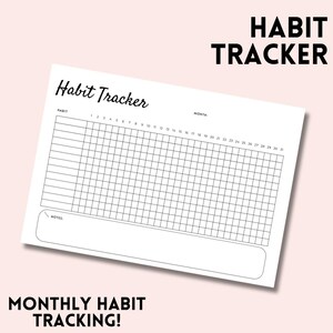 Könnte beinhalten: Ein weißes Habit Tracker-Blatt mit den Worten "Habit Tracker" oben. Das Blatt hat ein Raster zur Verfolgung von Gewohnheiten, mit Platz für Notizen unten. Die Worte "MONTHLY HABIT TRACKING!" stehen unten.
