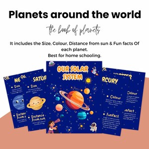 Peut inclure: Un ensemble de cartes éducatives intitulées Planets around the world et The book of planets, présentant Our Solar System. Les cartes affichent des illustrations colorées de planètes, un astronaute et un enfant avec un télescope sur fond bleu.