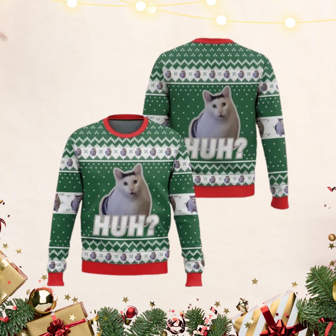 Funny Cat Christmas Sweater, Meme Cat Holiday Sweater, Huh Cat