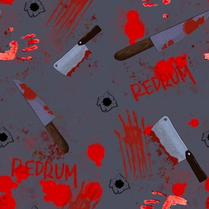May include: A repeating pattern on a gray background features blood splatters, handprints, bullet holes, and knives. The word "REDRUM" is written in red. The knives have wooden handles and blood-stained blades.