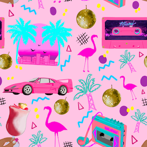 May include: A repeating pattern on a pink background featuring a pink sports car, disco balls, flamingos, palm trees, and a cassette tape with the text "Miami 1987". The design includes geometric shapes and a cocktail.