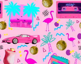 Motivo ripetibile senza soluzione di continuità Miami anni '80 - Classico anni '80, rosa, spiaggia, walkman