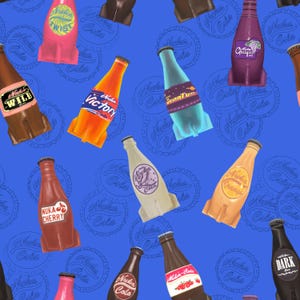 Puede incluir: Un patrón repetitivo de botellas de cola estilizadas en varios colores, incluyendo marrón, naranja, rosa y morado, con etiquetas como "Victory" y "Nuka Cola". Las botellas están sobre un fondo azul con un patrón repetitivo de tapones.