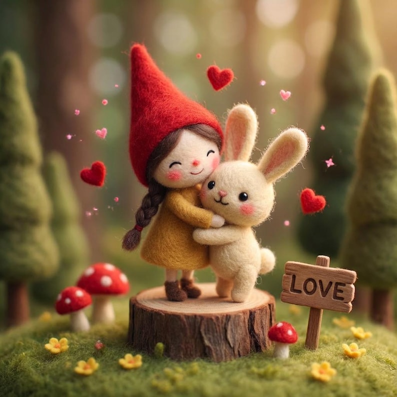 May include: A felt doll with a red hat and yellow dress hugs a white bunny. Red heart shapes float around them. The scene is set in a forest with mushrooms and a sign that says "LOVE".