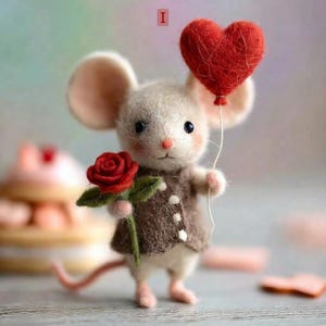 Peut inclure: Une figurine de souris en feutre faite &agrave; la main tenant un ballon rouge en forme de c&oelig;ur et une rose rouge. La souris porte un gilet marron et a de grandes oreilles rondes. Une d&eacute;coration charmante et fantaisiste.