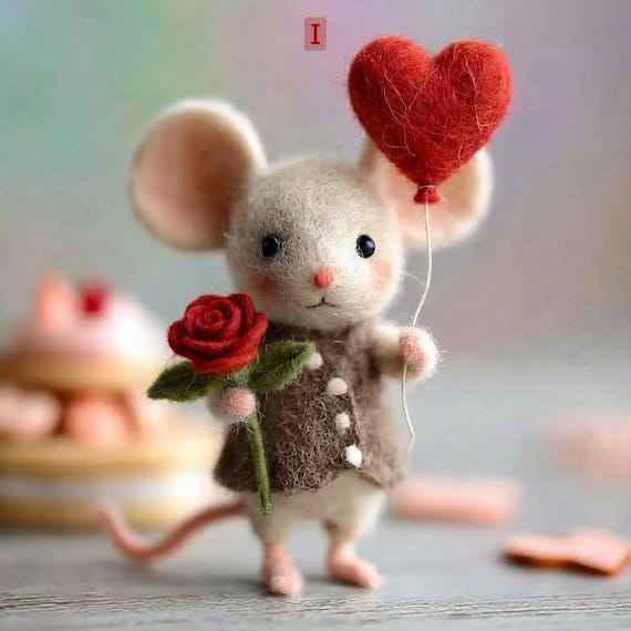 Needle Felted Mouse Figurine – Wool Winter Decor, Dollhouse Collection, Valentine’s Day Gift