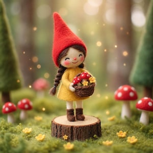 Needle Felt Elf Figurine, Wool Woodland Elf Miniature, Whimsical Shelf Decor Mushroom Basket Elf