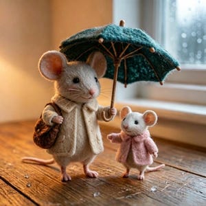 Puede incluir: Dos adorables figuras de ratones, una con un abrigo beige y una bolsa marrón, la otra con un abrigo rosa. Están bajo un paraguas verde azulado con mango de madera, sobre una superficie de madera.