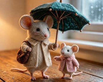 Needle Felted Mouse Figurine, Handmade Wool Miniature Decor