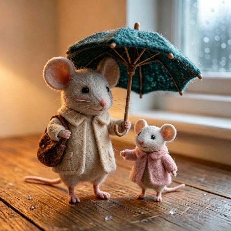 Peut inclure: Deux figurines de souris adorables, l'une portant un manteau beige et un sac marron, l'autre un manteau rose. Elles sont sous un parapluie vert d'eau avec un manche en bois, sur une surface en bois.