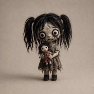 May include: A small doll with messy black hair in pigtails, large eyes, and dark streaks on its face, wearing a tattered grey dress. The doll is holding a smaller, simpler doll with a white face and a red dress, both featuring dark, textured details.