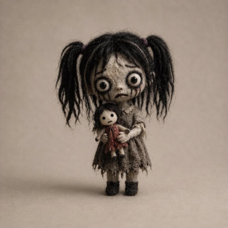 May include: A small doll with messy black hair in pigtails, large eyes, and dark streaks on its face, wearing a tattered grey dress. The doll is holding a smaller, simpler doll with a white face and a red dress, both featuring dark, textured details.