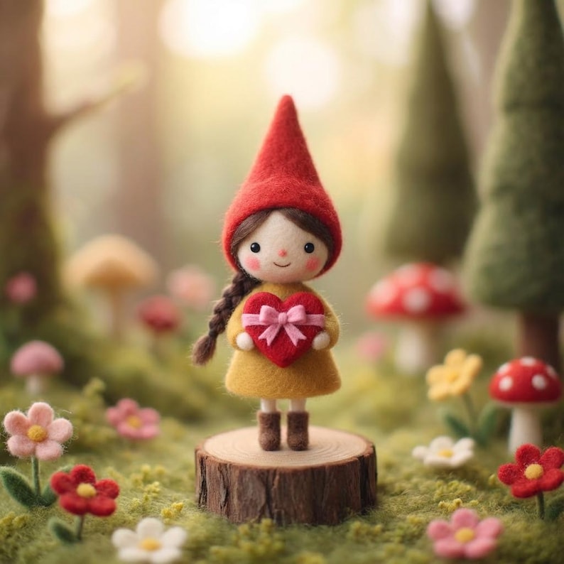 May include: A handmade gnome doll with a red pointed hat and yellow dress, holding a red heart-shaped gift with a pink bow. The doll stands on a wooden slice surrounded by flowers and mushrooms in a whimsical forest setting.