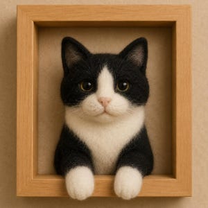 May include: A handcrafted, framed felt cat sculpture. The cat has black and white fur, with a pink nose and yellow eyes. The cat is in a wooden frame, creating a 3D effect. The cat's paws are visible, resting on the frame's edge.
