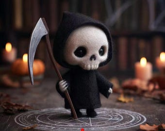 Needle Felt Halloween Grim Reaper Figurine, Wool Skeleton Doll, Gothic Shelf Decor