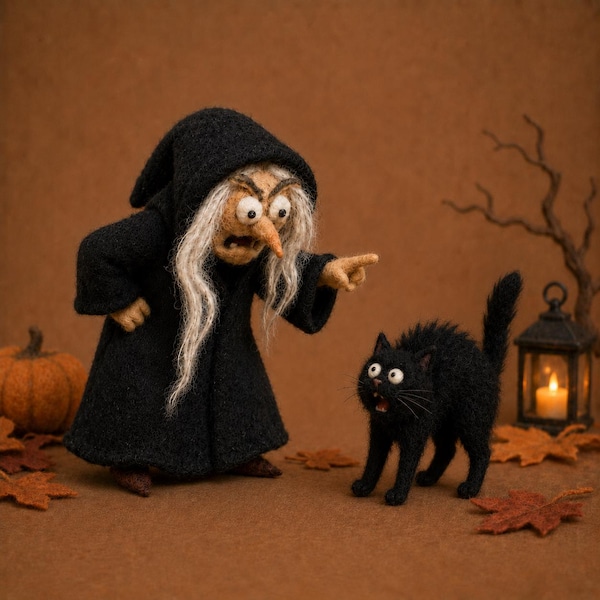 Needle Felted Witch Figurine, Handmade Wool Halloween Shelf Decor, Gift for Halloween Lovers