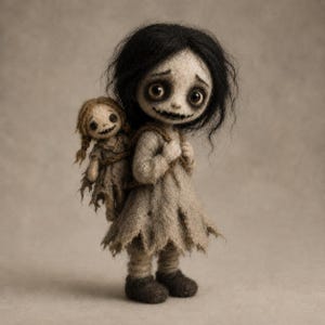 May include: A needle-felted doll with messy black hair, large dark eyes, and a wide stitched mouth, wearing a tattered beige dress and dark boots. The doll carries a smaller, light-haired doll with braided hair on its back using brown straps.