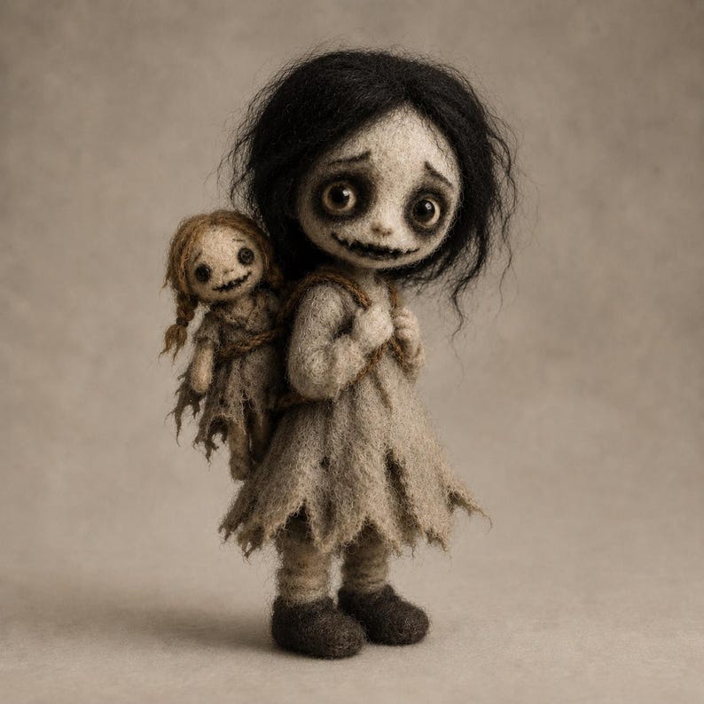 May include: A needle-felted doll with messy black hair, large dark eyes, and a wide stitched mouth, wearing a tattered beige dress and dark boots. The doll carries a smaller, light-haired doll with braided hair on its back using brown straps.