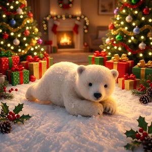May include: A plush white polar bear cub lies on a snowy surface, surrounded by Christmas gifts and decorated trees. The scene is festive, with a fireplace and holiday decorations in the background. Presents are wrapped in red, green, and gold with red bows.