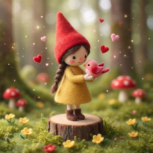 May include: A felt doll wearing a red hat and yellow dress, holding a pink bird. The doll stands on a wooden stump surrounded by flowers and mushrooms. Red and pink hearts float in the air, creating a whimsical scene.
