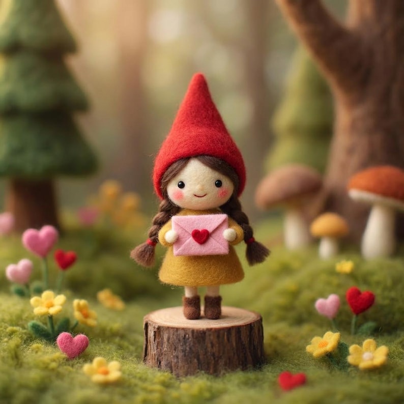May include: A felt gnome doll with a red pointed hat and a yellow dress, holding a pink envelope with a heart. The doll stands on a wooden stump in a whimsical forest setting with heart-shaped flowers and mushrooms.