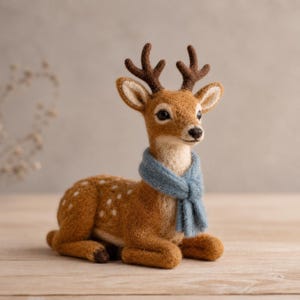May include: A handcrafted deer figurine with brown fur, white spots, and dark brown antlers. The deer wears a light blue scarf. The figurine is posed lying down on a wooden surface.