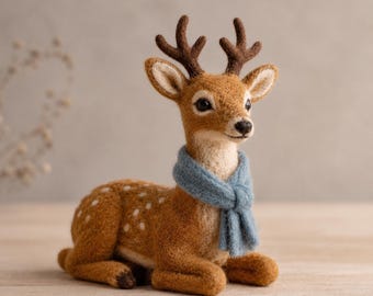 Needle Felt Deer Figurine, Wool Fawn Sculpture, Woodland Animal Collectible