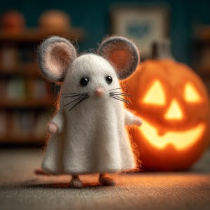 May include: A Halloween image of a white mouse in a ghost costume, with large grey and pink ears. An orange carved pumpkin with a lit face is in the background. The scene is set on a textured surface.
