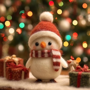 May include: A felt snowman figurine wearing a red hat with a white pom-pom, a red and white striped scarf, and a carrot nose. The snowman is standing in front of a blurred Christmas tree and wrapped gifts.