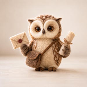 May include: A handcrafted owl figurine with large, expressive eyes, holding a small envelope and a scroll. The owl has a brown satchel and is made of soft, textured materials. The owl is a charming decorative item.