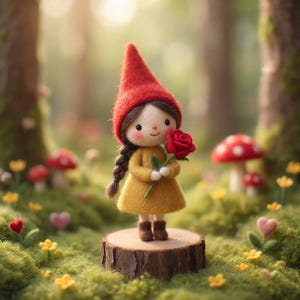 May include: A felt gnome doll with a red hat and yellow dress, holding a red rose. The doll stands on a wooden stump in a whimsical forest setting with mushrooms and flowers. The doll is approximately 6 inches tall.