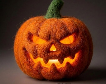 Needle Felt Pumpkin Light,  Halloween Pumpkin Decor, Wool Jack O Lantern, Fall Shelf Decoration
