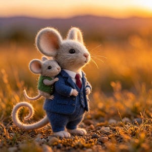 Peut inclure: Image fantaisiste de deux souris dans un champ. L'une porte un costume bleu et une cravate rouge, l'autre un gilet vert, sur le dos de la premi&egrave;re. La sc&egrave;ne se d&eacute;roule dans un champ avec un coucher de soleil dor&eacute; et chaleureux.