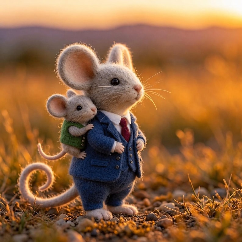 Peut inclure: Image fantaisiste de deux souris dans un champ. L'une porte un costume bleu et une cravate rouge, l'autre un gilet vert, sur le dos de la premi&egrave;re. La sc&egrave;ne se d&eacute;roule dans un champ avec un coucher de soleil dor&eacute; et chaleureux.