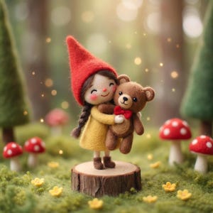 May include: A felt doll wearing a red hat and yellow dress, hugging a brown teddy bear with a red bow tie. The doll stands on a wooden slice surrounded by mushrooms and greenery, creating a whimsical scene.