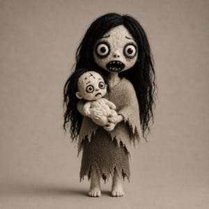 May include: A felted doll figure with long black hair, large dark eyes, and an open mouth, wearing a tattered beige garment. The figure holds a smaller, similar-looking doll with a distressed expression, both featuring textured, pale, mottled skin.