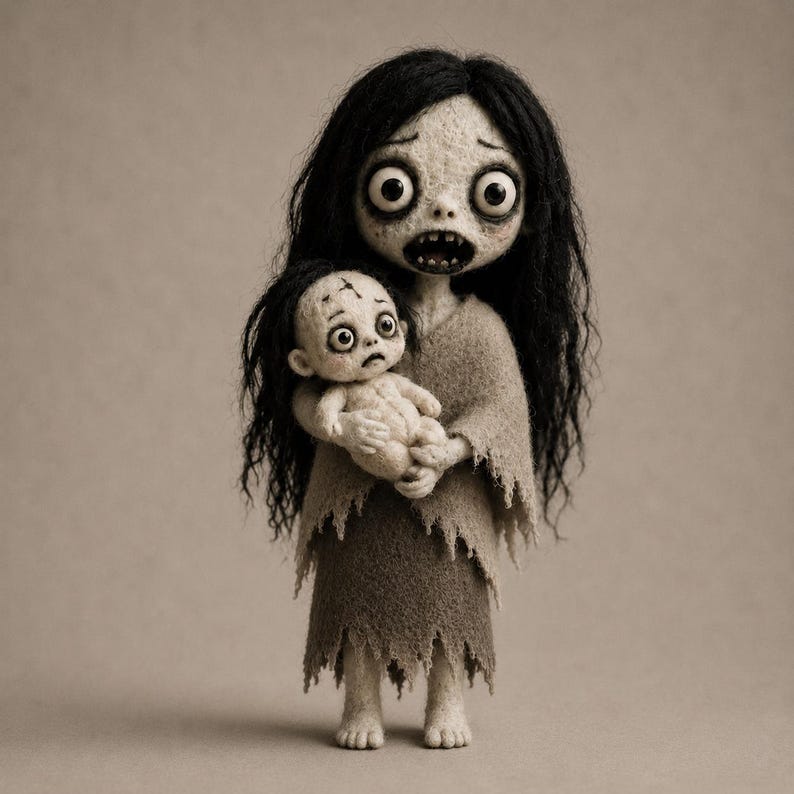 May include: A felted doll figure with long black hair, large dark eyes, and an open mouth, wearing a tattered beige garment. The figure holds a smaller, similar-looking doll with a distressed expression, both featuring textured, pale, mottled skin.