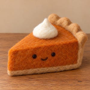 Peut inclure: Une part de tarte à la citrouille en laine feutrée avec une garniture orange vif, une croûte beige clair et une noisette de crème fouettée blanche sur le dessus. La part présente deux petits yeux en perles noires et une bouche cousue.