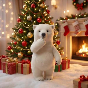 May include: A white polar bear figurine stands in front of a decorated Christmas tree with red and gold ornaments. Presents wrapped in red and brown paper with gold ribbons are at the base of the tree. A fireplace and stockings are in the background.