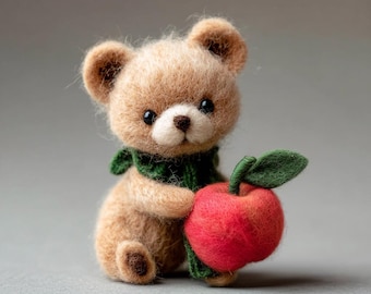 Needle Felt Bear Figurine, Handmade Wool Bear with Apple, Woodland Desk Shelf Decor