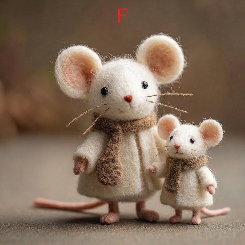 Peut inclure: Deux souris en feutre faites &agrave; la main, une grande et une petite, v&ecirc;tues de manteaux blancs et d'&eacute;charpes marron. Les souris ont des oreilles, des nez et des pieds roses, avec de longues moustaches. La plus grande souris se tient &agrave; c&ocirc;t&eacute; de la plus petite, lui tenant la main.