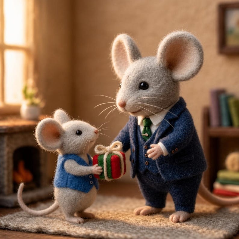 Peut inclure: Deux souris grises en feutre, l'une en costume bleu et l'autre en gilet bleu, &eacute;changent un petit cadeau emball&eacute; en rouge, vert et blanc. La sc&egrave;ne se d&eacute;roule dans une pi&egrave;ce chaleureuse avec une chemin&eacute;e et une fen&ecirc;tre.