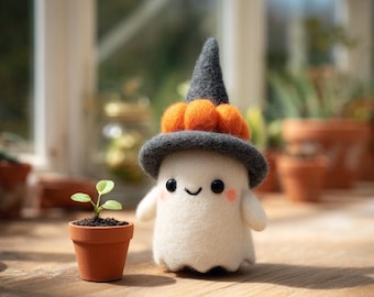 Handmade Needle Felted Ghost – Wool Halloween Figurine with Pumpkin Hat