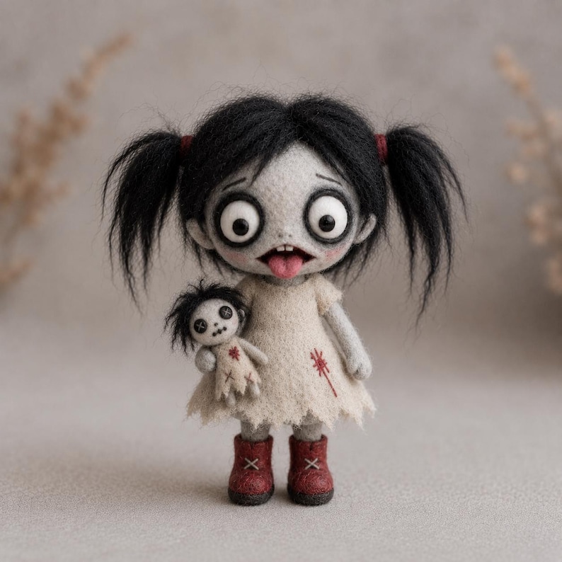 May include: A needle-felted doll with pale gray skin, large round eyes, and black hair in pigtails. The doll wears a cream-colored dress with red stitched details and red boots, while holding a smaller matching doll with button eyes.