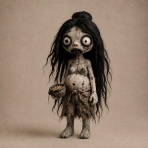 May include: A handcrafted doll with long, messy black hair, large white eyes, and a textured, pale grey body. The figure wears a tattered, brown fabric skirt and holds a small, round, dark brown bowl containing textured brown material.