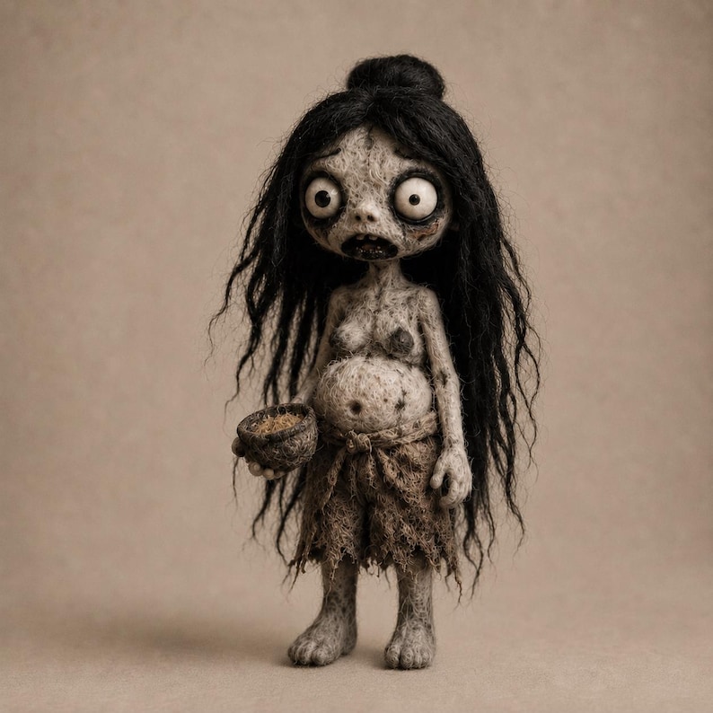 May include: A handcrafted doll with long, messy black hair, large white eyes, and a textured, pale grey body. The figure wears a tattered, brown fabric skirt and holds a small, round, dark brown bowl containing textured brown material.