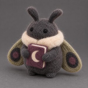 May include: A needle-felted moth figurine in dark charcoal gray with a cream-colored neck ruff. The moth has two antennae, small black eyes, and light olive-green wings with dark purple circular markings. It holds a small purple book with a white crescent moon symbol on the cover.