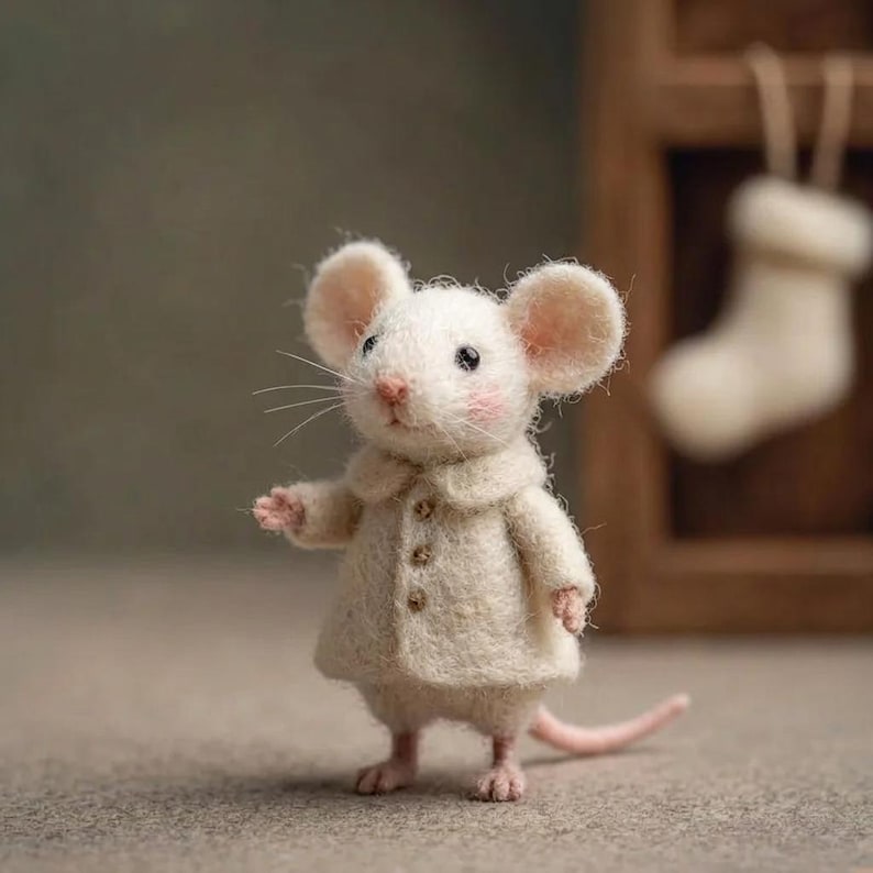 Peut inclure: Une figurine de souris blanche faite &agrave; la main, avec de grandes oreilles rondes et un nez et des joues roses. La souris porte un manteau cr&egrave;me avec trois petits boutons. Une petite queue rose s'&eacute;tend du corps de la souris. L'arri&egrave;re-plan est flou.