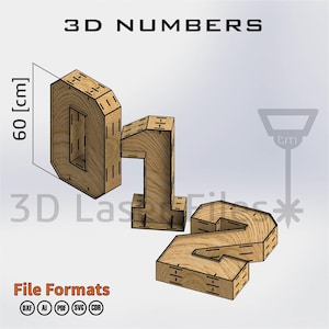 Puede incluir: Números 3D de madera 0, 1 y 2, cada uno con un acabado de veta de madera marrón claro. El número 0 mide 60 cm de alto. La imagen incluye el texto "3D NUMBERS" y "File Formats".